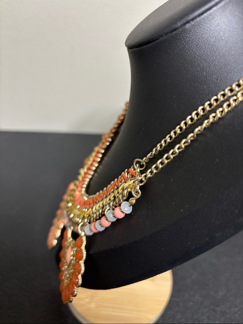 Bib Collar Beaded Braided Colorful Gold Tone Orange Boho Statement Necklace - Picture 3 of 7